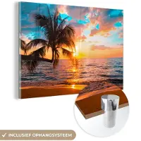 MuchoWow Glasschilderij - Strand - Zee - Palmboom - Acrylglas - Foto op glas - 150x100 cm - Glasschilderij natuur - Schilderij glas - Muurdecoratie glas - Glasschilderij strand - Slaapkamer