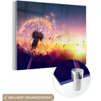 MuchoWow Glasschilderij - Schilderij bloemen - Paardenbloem - Bloemen - Zonsondergang - Natuur - Acrylglas - Wanddecoratie natuur - Foto op glas - Glazen schilderij - 120x90 cm - Schilderijen woonkamer