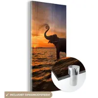 MuchoWow - Glasschilderij - Acrylglas - Olifant - Zonsondergang - Water - Muurdecoratie - 60x120 cm - Foto op glas - Wanddecoratie
