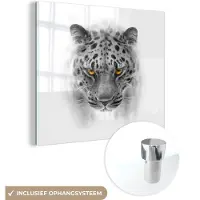 MuchoWow Glasschilderij 50x50 cm - Schilderij acrylglas - Luipaard - Zwart - Wit - Dieren - Foto op glas - Schilderijen