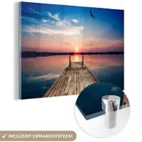 MuchoWow Glasschilderij - Afbeelding op glas - Pier - Water - Zonsondergang - Horizon - Acrylglas - Foto op glas - Acrylplaat - Wanddecoratie - Schilderij glas - 30x20 cm - Schilderijen woonkamer