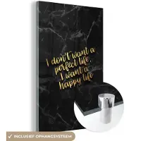 MuchoWow Glasschilderij 20x30 cm - Schilderij acrylglas - Quote - Happy - Goud - Marmer - Foto op glas - Schilderijen