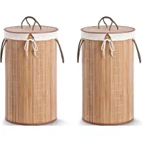 Zeller Wasmand - 2x - bamboe hout - rond/deksel - 35 x 60 cm - 73 Liter - Wasgoed sorteren/verzamelen - Wasgoedmanden