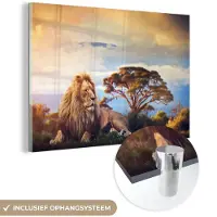 MuchoWow Glasschilderij 30x20 cm - Schilderij acrylglas - Leeuw - Schilderij - Afrika - Foto op glas - Schilderijen