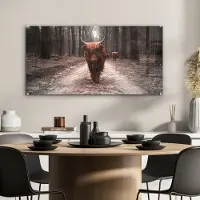 MuchoWow Glasschilderij 80x40 cm - Schilderij acrylglas - Schotse hooglander - Dieren - Bomen - Foto op glas - Schilderijen