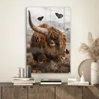 MuchoWow Glasschilderij 40x60 cm - Schilderij acrylglas - Vlinders - Schotse hooglander - Bloemen - Foto op glas - Schilderijen