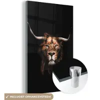 MuchoWow Glasschilderij 60x90 cm - Schilderij acrylglas - Leeuw - Zwart - Vacht - Foto op glas - Schilderijen