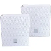 Prosperplast Bloempot/plantenpot Rato - 2x - rotan look - met binnenpot - wit - 32 x 32 x 33 cm - kunststof