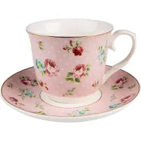 Clayre & Eef Kop en schotel 250 ml Roze Porselein Bloemen Servies Roze Servies