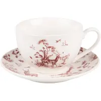 Clayre & Eef Kop en schotel 200 ml Beige Rood Porselein Rendieren en bomen Servies Beige Servies