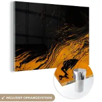 MuchoWow Glasschilderij zwart goud - Marmer - Verf - Goud - Zwart - Marmerlook - 120x80 cm - Muurdecoratie - Decoratie slaapkamer
