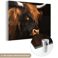 MuchoWow Glasschilderij 120x80 cm - Schilderij acrylglas - Schotse hooglander - Zwart - Vacht - Foto op glas - Schilderijen