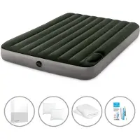 Intex luchtbed - 2 personen - 152 x 203 x 25 cm - Groen - Met ingebouwde voetpomp + hoeslaken wit + kussen + molton 2-in-1 kussenslopen + reparatieset