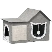 PawHut Kattenhuis met krasoppervlak, inclusief speelgoedbal, kattengrot, 65 cm x 41 cm x 45,5 H cm, bruin+wit+beige