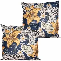 Anna's Collection buitenkussen bloem - 2x - blauw/geel - 45 x 45 cm - tuinstoelkussens