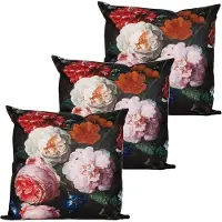 Anna's Collection buitenkussen bloem - 3x - roze/zwart - 60 x 60 cm - Water en UV bestendig