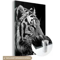 MuchoWow Glasschilderij 120x160 cm - Schilderij acrylglas - Tijger - Dieren - Zwart - Wit - Foto op glas - Schilderijen