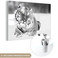 MuchoWow Glasschilderij 60x40 cm - Schilderij acrylglas - Tijger - Sneeuw - Zwart - Wit - Foto op glas - Schilderijen
