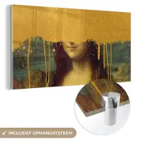 MuchoWow Glasschilderij 80x40 cm - Schilderij acrylglas - Mona Lisa - Goud - Da Vinci - Foto op glas - Schilderijen