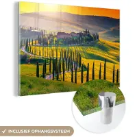 MuchoWow Glasschilderij 150x100 cm - Schilderij acrylglas - Gras - Zon - Heuvel - Landschap - Foto op glas - Schilderijen
