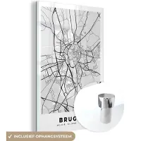MuchoWow Glasschilderij 60x90 cm - Schilderij acrylglas - Stadskaart – Zwart Wit - Kaart – Brugge – België – Plattegrond - Foto op glas - Schilderijen
