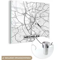 MuchoWow Glasschilderij 90x90 cm - Schilderij acrylglas - België – Mechelen – Stadskaart – Kaart – Zwart Wit – Plattegrond - Foto op glas - Schilderijen