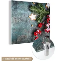 MuchoWow Glasschilderij 50x50 cm - Schilderij acrylglas - Kerst - Rustiek - Takken - Steranijs - Bes - Rood - Foto op glas - Schilderijen