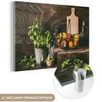 MuchoWow Glasschilderij 90x60 cm - Schilderij acrylglas - Groente - Kruiden - Rustiek - Stilleven - Basilicum - Foto op glas - Schilderijen