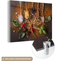 MuchoWow Glasschilderij 160x120 cm - Schilderij acrylglas - Lepels - Kruiden - Chilipeper - Specerijen - Zout - Foto op glas - Schilderijen