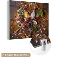 MuchoWow Glasschilderij 160x120 cm - Schilderij acrylglas - Specerijen - Kruiden - Lepels - Zout - Bruin - Keuken - Foto op glas - Schilderijen