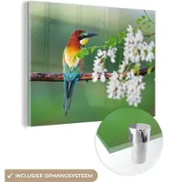 MuchoWow Glasschilderij 160x120 cm - Schilderij acrylglas - Vogel - Bijeneter - Bloemen - Foto op glas - Schilderijen