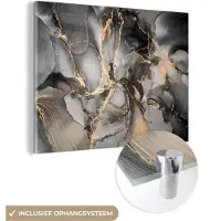 MuchoWow Glasschilderij 80x60 cm - Schilderij acrylglas - Grijs - Luxe - Goud - Marmer - Foto op glas - Schilderijen