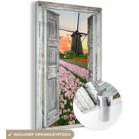 MuchoWow Glasschilderij 120x180 cm - Schilderij acrylglas - Doorkijk - Tulpen - Molen - Avond - Foto op glas - Muurdecoratie woonkamer - Wanddecoratie slaapkamer - Schilderijen