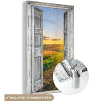MuchoWow Glasschilderij 80x120 cm - Schilderij acrylglas - Doorkijk - Platteland - Landschap - Zon - Foto op glas - Muurdecoratie woonkamer - Wanddecoratie slaapkamer - Schilderijen