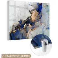 MuchoWow Glasschilderij 160x120 cm - Schilderij acrylglas - Marmer - Blauw - Goud - Foto op glas - Schilderijen