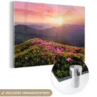 MuchoWow Glasschilderij 120x80 cm - Schilderij acrylglas - Bloemen - Berg - Zonsondergang - Landschap - Foto op glas - Schilderijen