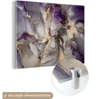 MuchoWow Glasschilderij 160x120 cm - Schilderij acrylglas - Goud - Paars - Marmer - Foto op glas - Schilderijen
