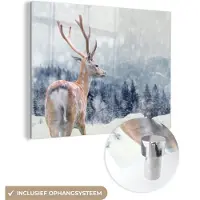 MuchoWow Glasschilderij 80x60 cm - Schilderij acrylglas - Winter - Hert - Dieren - Foto op glas - Schilderijen