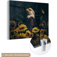 MuchoWow Glasschilderij 160x120 cm - Schilderij acrylglas - Adelaar - Geel - Bloemen - Botanisch - Foto op glas - Schilderijen