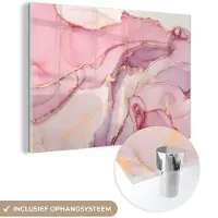 MuchoWow Glasschilderij 90x60 cm - Schilderij acrylglas - Goud - Marmer - Roze - Foto op glas - Schilderijen