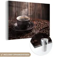 MuchoWow Glasschilderij 120x80 cm - Schilderij acrylglas - Koffie - Heet - Koffiebonen - Foto op glas - Schilderijen