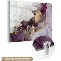 MuchoWow Glasschilderij 160x120 cm - Schilderij acrylglas - Marmer - Abstract - Goud - Paars - Foto op glas - Schilderijen