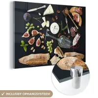 MuchoWow Glasschilderij 150x100 cm - Schilderij acrylglas - Wijn - Fruit - Kaas - Foto op glas - Schilderijen