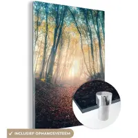 MuchoWow Glasschilderij 90x120 cm - Schilderij acrylglas - Bos - Mist - Zon - Herfst - Foto op glas - Schilderijen