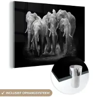 MuchoWow Glasschilderij 90x60 cm - Schilderij acrylglas - Olifant - Zwart - Wit - Dieren - Foto op glas - Schilderijen
