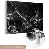 MuchoWow Glasschilderij 90x60 cm - Schilderij acrylglas - Zwart - Wit - Marmer - Luxe - Foto op glas - Schilderijen