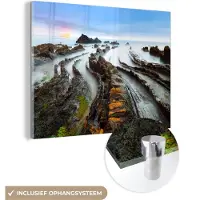MuchoWow Glasschilderij 160x120 cm - Schilderij acrylglas - Mist - Rotsen - Water - Natuur - Foto op glas - Schilderijen
