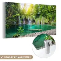 MuchoWow Glasschilderij 120x60 cm - Schilderij acrylglas - Brug - Waterval - Natuur - Foto op glas - Schilderijen