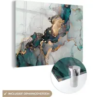 MuchoWow Glasschilderij 80x60 cm - Schilderij acrylglas - Blauw - Marmer - Goud - Foto op glas - Schilderijen