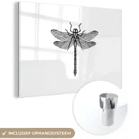 MuchoWow Glasschilderij 90x60 cm - Schilderij acrylglas - Libelle - Insecten - Retro - Zwart wit - Foto op glas - Schilderijen